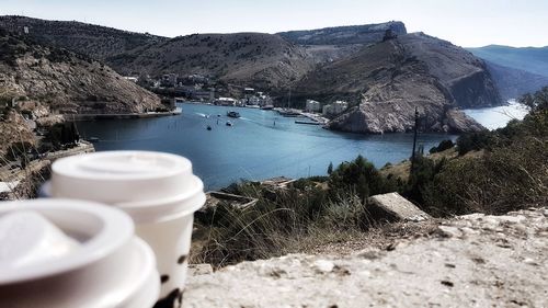 High angle view of lake against sky