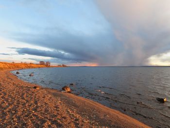 Scenic view of sea against dramatic sky