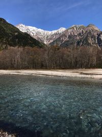 Scenic view of lake by mountains against sky