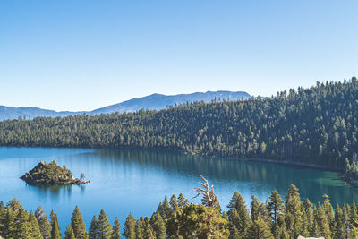 Emerald bay, lake tahoe california with fannette island on clear sunny day. blue water reflection