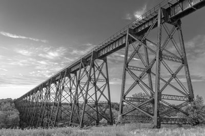 Low angle view of bridge on field against sky