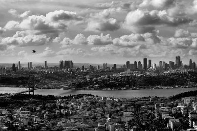 Aerial view of buildings in city against sky