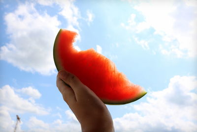 Close-up of hand holding apple against sky