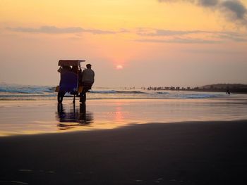 Man on horse cart at beach against sky during sunset