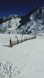 Scenic view of snowcapped mountains against clear sky