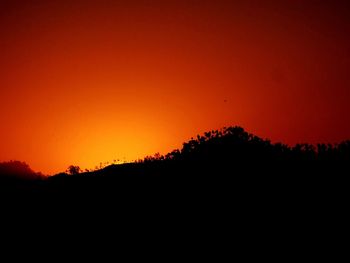 Silhouette trees against orange sky