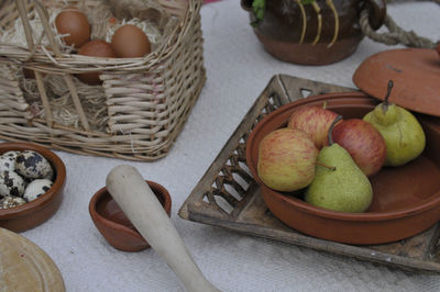 High angle view of fruits in basket on table