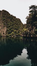 Scenic view of lake by trees against clear sky