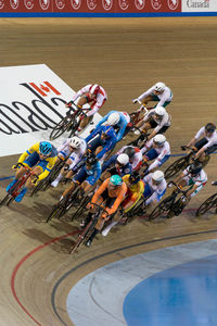 High angle view of people on bicycle