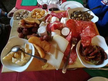 Close-up of food served on table