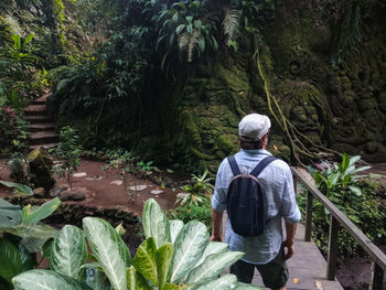 Rear view of man from behind standing in forest looking at carved rock sculptures