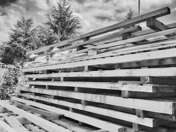 Low angle view of steps and trees against sky