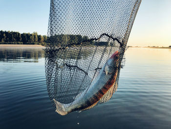 Close-up of fishing net in lake against sky