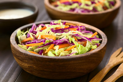 High angle view of salad in bowl on table