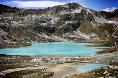 Scenic view of lake and mountains against sky