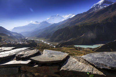 Scenic view of snowcapped mountains against sky