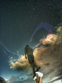 Fish swimming in aquarium against sky at night