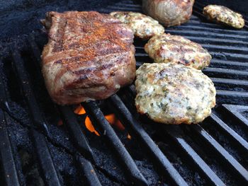 Close-up of meat on barbecue grill