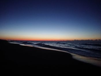 Scenic view of beach against clear sky at sunset