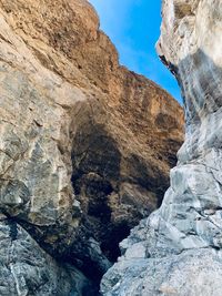 Low angle view of rock formation against sky