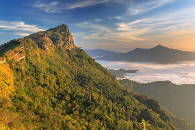 Scenic view of mountains against sky during sunset