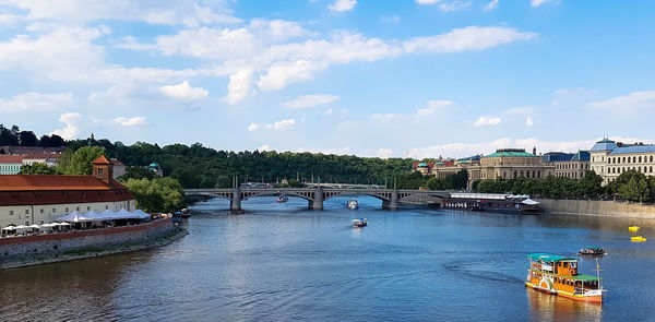 Boats moored in river against cloudy sky