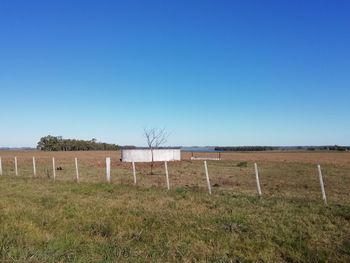 Fence on field against clear blue sky