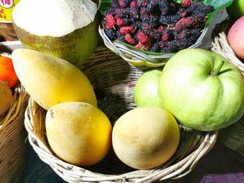 High angle view of apples in basket for sale at market stall