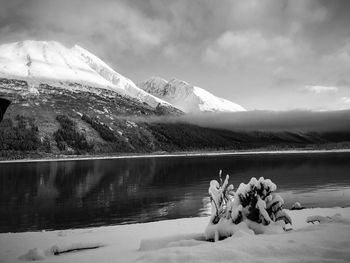 Scenic view of lake and mountains against sky