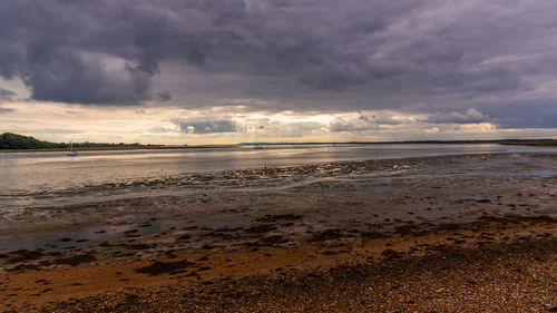 Scenic view of beach against sky during sunset