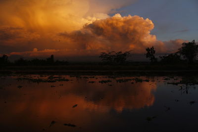 Scenic view of lake against orange sky