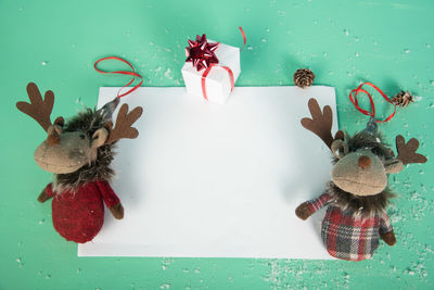 High angle view of deer on table