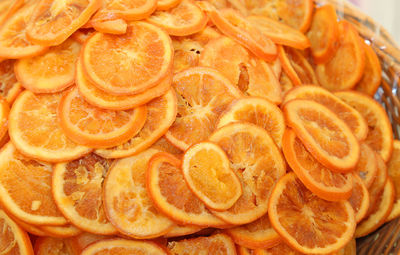 High angle view of orange slices