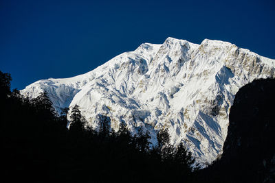 Scenic view of snowcapped mountains against clear blue sky