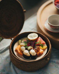 High angle view of breakfast served on table