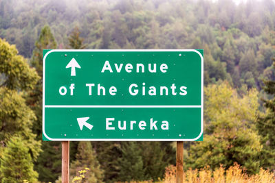 Road sign against trees