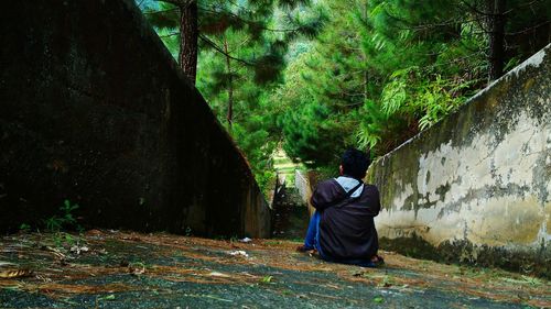 Man on road amidst trees in forest