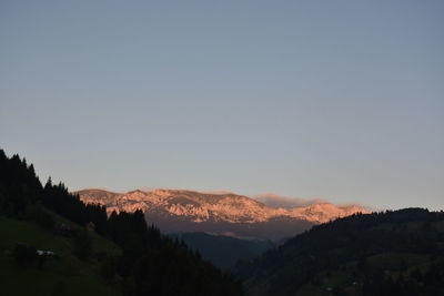 Scenic view of silhouette mountains against clear sky