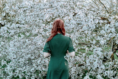 Woman with her back turned in front of a cherry tree in bloom