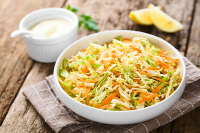 High angle view of noodles in bowl on table