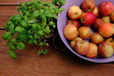 High angle view of fruits in bowl on table