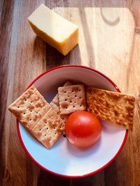 High angle view of breakfast served on table