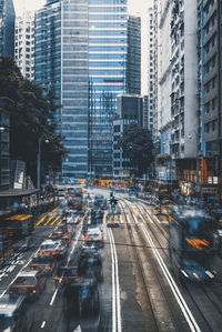 Traffic on city street and buildings