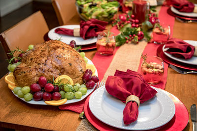 High angle view of fruits in plate on table