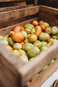 High angle view of fruits in box