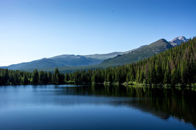 Scenic view of lake and mountains against clear blue sky