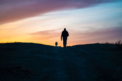 Rear view of silhouette man walking with dog against sky during sunset