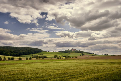 Scenic view of farm against sky