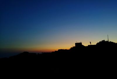 Silhouette buildings against clear sky during sunset