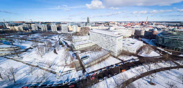 High angle view of cityscape during winter